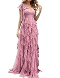 VOUIAO Summer Women Tulle Prom Dress Elegant Bow One Shoulder Slit Evening Party Gown Wedding Guest Bridesmaid Maxi Dress Pink XS