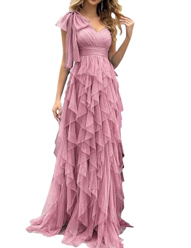 VOUIAO Summer Women Tulle Prom Dress Elegant Bow One Shoulder Slit Evening Party Gown Wedding Guest Bridesmaid Maxi Dress Pink M