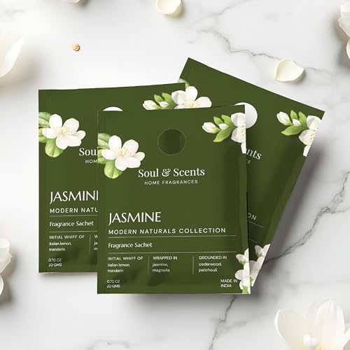 Image of Soul & Scents Jasmine Serenity Fragrance Sachet | Essence of Orris and Patchouli | Versatile Air Freshener for Car, Wardrobe, Kitchen, and Travel Bag | Pack of 3-20gm Each