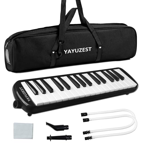 YAYUZEST 32 Keys Melodica Instrument, Soprano Melodica Air Piano Keyboard Pianica with 2 Soft Long Tubes, 2 Short Mouthpieces and Carrying Bag (Black)