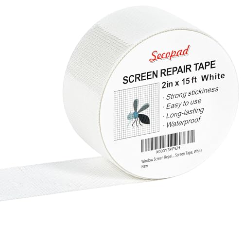 Secopad White Window Screen Repair Tape, 2 in X 15 FT (360IN) Screen Repair Kit for Windows or Doors, Strong Adhesive Screen Patch Fiberglass Screen Tape Mesh Repair