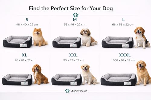 Image of MUDDY PAWS Reversible Sofa Style Dog Bed - XXXL (106 x 81 x 22 cm) - Plush Fur Surface, Removable Cushion & Anti-Skid Base - Black & Grey