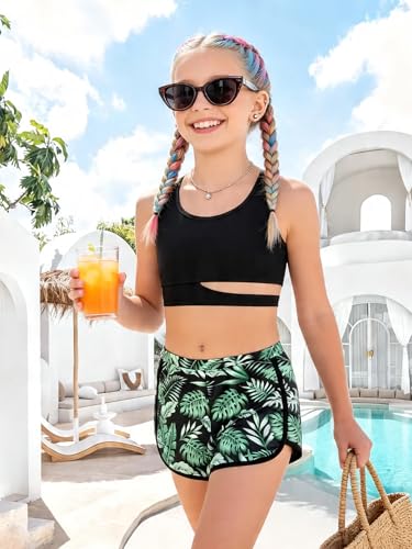Image of Girls Swimsuit 3 Piece High Waist Sport Bathing Suit Quick Dry Bikini Tankini Sets with Shorts for 7-16