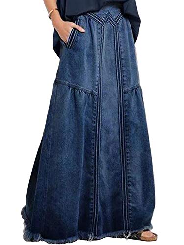ebossy Women's Casual Elastic Waist Frayed Hem A-Line Distressed Hippie Long Maxi Denim Skirt (X-Large, Dark Blue)