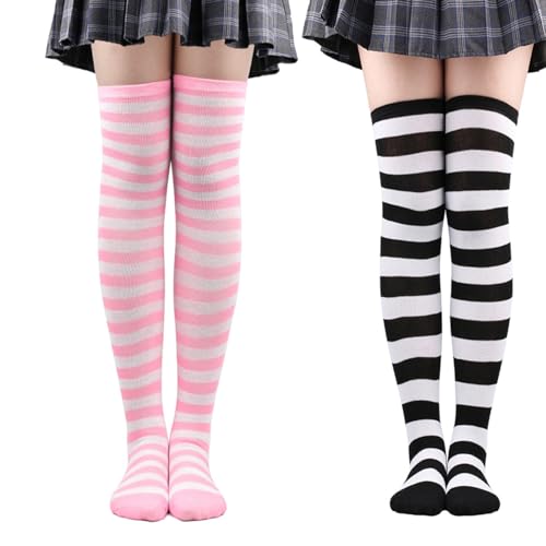 Women Striped Thigh High Stockings, MH MOIHSING Extra Long Cotton Over Knee Tube Long Stocks High Stockings For Woman Girls Cosplay/Goth/Christmas Party LW-3, One size-(Black/White & White/Pink)