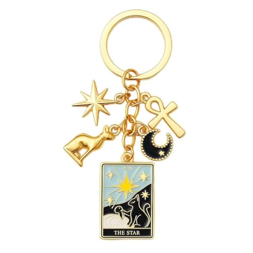 Image of DONWOIE Tarot Card Keyring,The Star Keychain Bag Charms for Women with Radiant Star, Ankh, Moon & Profoundly Symbolic Decorations, Cool Key Rings Gifts for Spiritual Seekers & Tarot Enthusiasts