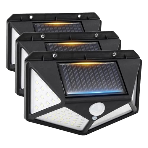GRIFEMA Luz Solar Exterior para Jardín con Sensor de Movimiento, Focos LED Exterior Solares, Lámpara de Pared Solar Impermeable 100 LEDs, 3 Modos, Ángulo 270°, IP65, Batería 800mAh, GDK203