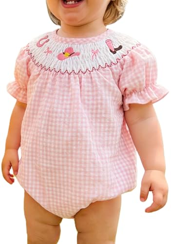 Urbenstithvo Cute Smocked Bubble Romper Western Baby Girl Clothes Gingham Embroidery Bow Rompers Baby Girl Rodeo Outfit