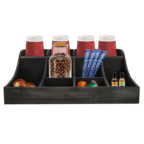 LINISHOP Condiment Organizer 9-Compartment Organizer Wooden Condiment Holder Tabletop Pine Condiment Organizer Coffee & Tea Organizer Holder for Home Kitchen Office, 16.25 * 12.5 * 6.25in (Black)