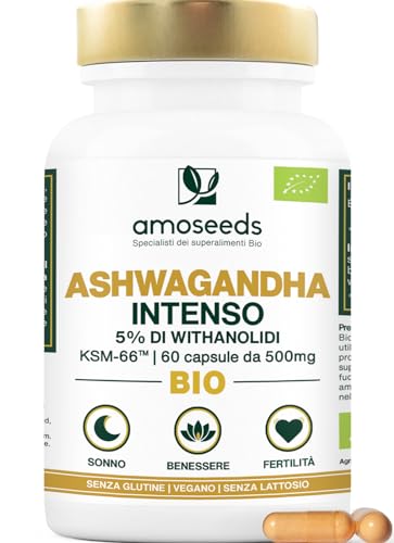 Ashwagandha BIO KSM-66™ | Alto Dosaggio: 5% di withanolidi | 60 capsule da 500mg | Antistress, Sonno, Energia, Benessere | Qualità Superiore