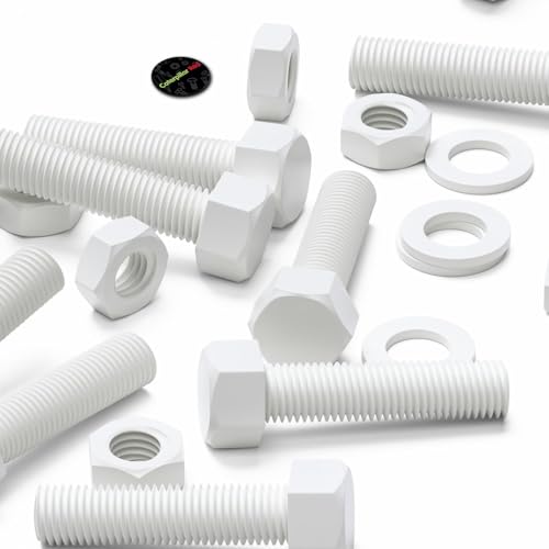 Image of 5X White PP Hex Head M16 x 65 mm Plastic Bolts, Nuts & Washers (5 /8 x 2 9 /16 in)