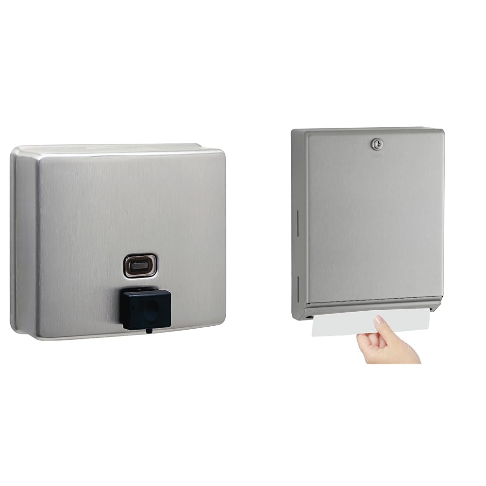 BOBRICK Stainless Steel Soap Dispenser with 40 fl. oz. Capacity & Paper Towel Dispenser Holds 400 C-Fold/525 Multifold Towels