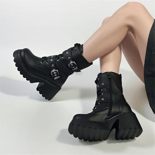 Image of FOREADA Goth Boots Chunky Heel Boot For Women Ankle Combat Booties Black Platform Bootie Buckle Rivets Punk Goth Shoes With Zipper