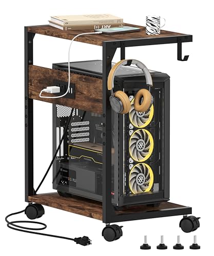 Akxomel 2 Tier Computer Tower Stand with Charging Station, 11.8" D x 16.5" W Rolling Floor PC Tower Stand Fits Under Desk, CPU Holder Cart for Carpet with Hooks, C Shaped End Table for Home Office