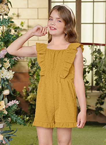 Iimmer Little Girls Ruffle Trim Yellow Summer Casual Holiday Shorts Jumpsuit Swiss Dot Trendy Suqre Neck Off Shoulder Romper With Pocket Size 9-10 Years #TOP3