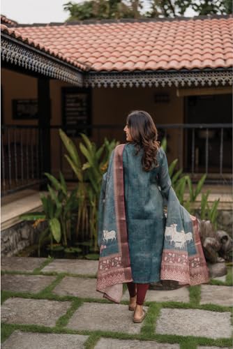Image of Linen Shimmer Kurta with Dupatta for Women | Hariyali Ethnic Printed 2-Piece Set | Stylish Daily & Festive Kurti Set