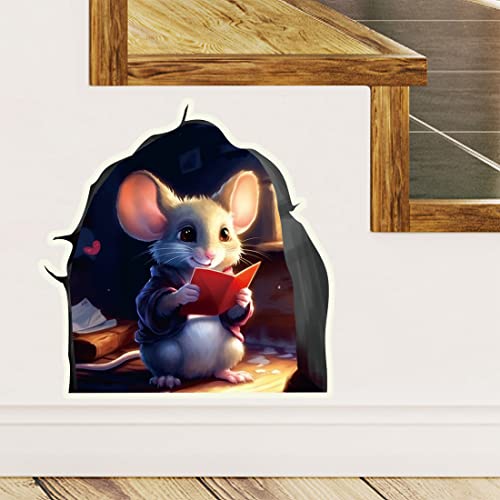Cute Mouse Hole Wall Decor Sticker Glow In The Dark, Mouse Reading Book Funny Wall Art Decals, Adorable Peel And Stick Mice Room Decor, Classroom, Bedroom, Bookcase Decoration #TOP7