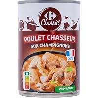 PRODUIT : Plat cuisiné préparé à base de viande de poulet saumurée, de champignons de Paris, d'échalotes et d'une sauce au vin blanc et à la crème. COMPOSITION : Contient 45% de viande de poulet saumurée et précuite, avec des champignons de Paris (16...