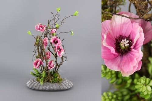 Centro de mesa de amapolas rosadas artificiales con ramas y suculentas para decoracion 2
