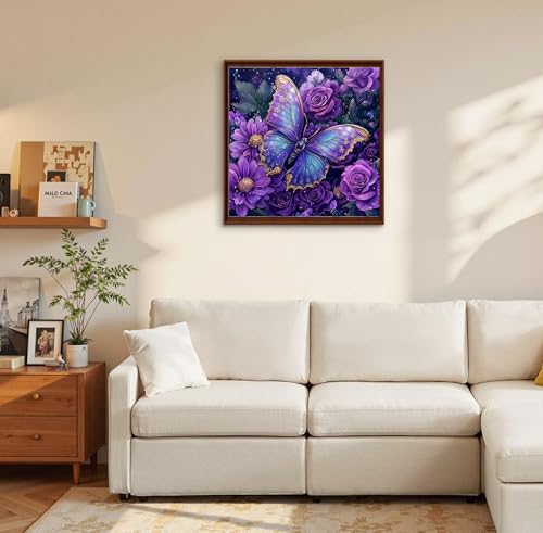 Image of QENSPE Diamond Art Kits for Adults, DIY Purple Butterfly Full Drill Diamond Painting Kits for Beginners, Rose Flower 5D Round Diamond Dots Paintings, Gem Art Crafts Home Wall Decor Gifts 12x12 inch