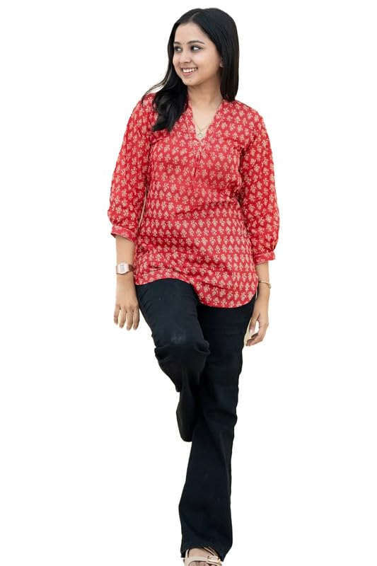 24 Carat Suit Cotton Printed Short Kurta for Women | Kurti (2CKT50_Red)