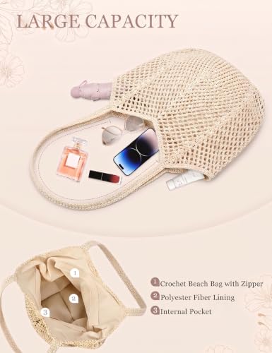 Image of Beach Bags for Women with Zipper, Large Straw Bag Woven Tote Bag Straw Shoulder Bag for Summer Vocation