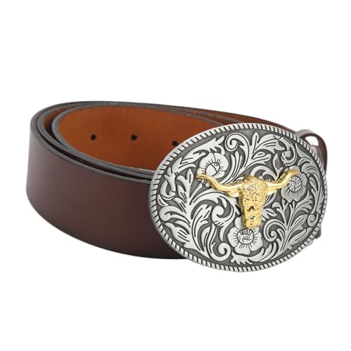 plplaaoo Western Cowboy Belt for Men Leather Adjustable Retro Vintage Bull Pattern Casual Buckle for Everyday3