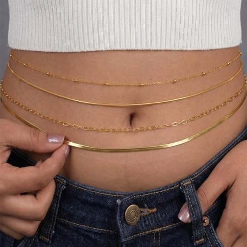 Image of VAMA FASHIONS 4 Pcs 18K Gold Plated Anti Tarnish Waterproof Waist Belly Chain Adjustable Hip Body Chains Kamarbandh Vaddanam Kamar Chain Combo for Women Girls