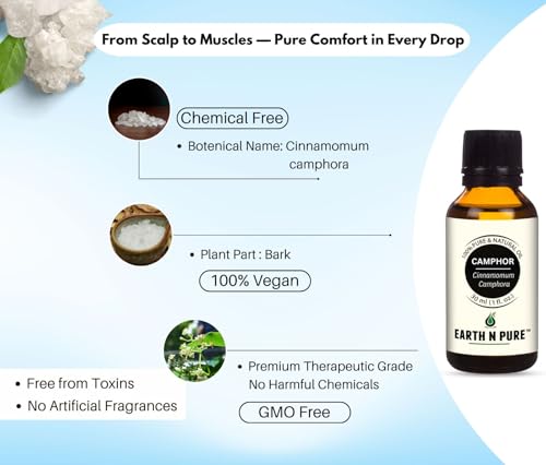 Image of Earth N Pure Camphor Essential Oil | 100% Pure & Natural Therapeutic Grade Camphor Oil | Undiluted Essential Oil for Aromatherapy, Diffuser, Massage & DIY Care | 15ml