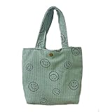ICOCCI Small Smiley Face Corduroy Tote Bag for Women - Cute Mini Preppy Aesthetic Reusable Grocery Bag (Smiley Face Green)