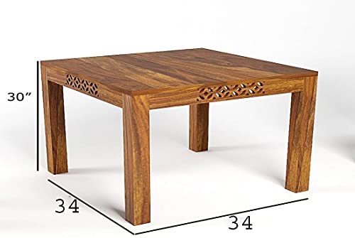 Image of Wooden Solid Sheesham Wood Dining Table 4 Seater | Dining Table Set with 3 Chairs & 1 Bench | Dining Room Furniture Teak Wood Dining Table 4 Seater | Honey Finish