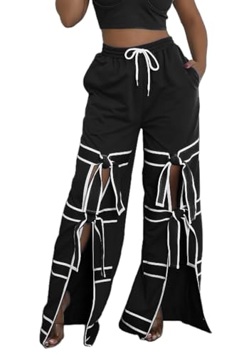 Vaceky Bow Tie Sweatpants Women Wide Leg Split Flowy Casual Trouser Pants