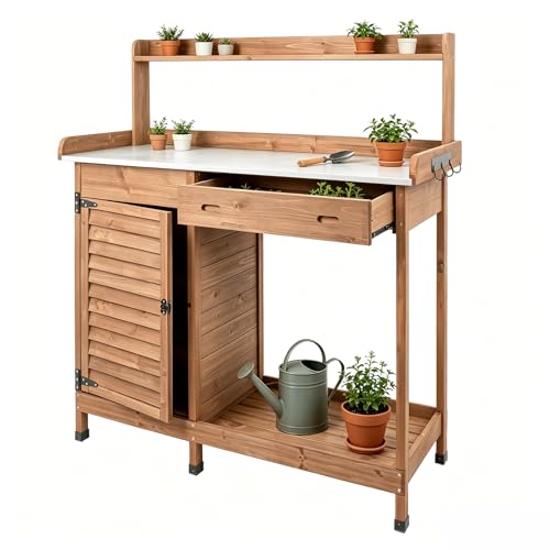 Ketive Ketive Outdoor Potting Bench Table with Storage Cabinet, Wooden Garden Workstation with Metal Tabletop, Drawer, Side Hooks & Lower Shelf for Patio, Backyard, Garden, Greenhouse, Natural Brow