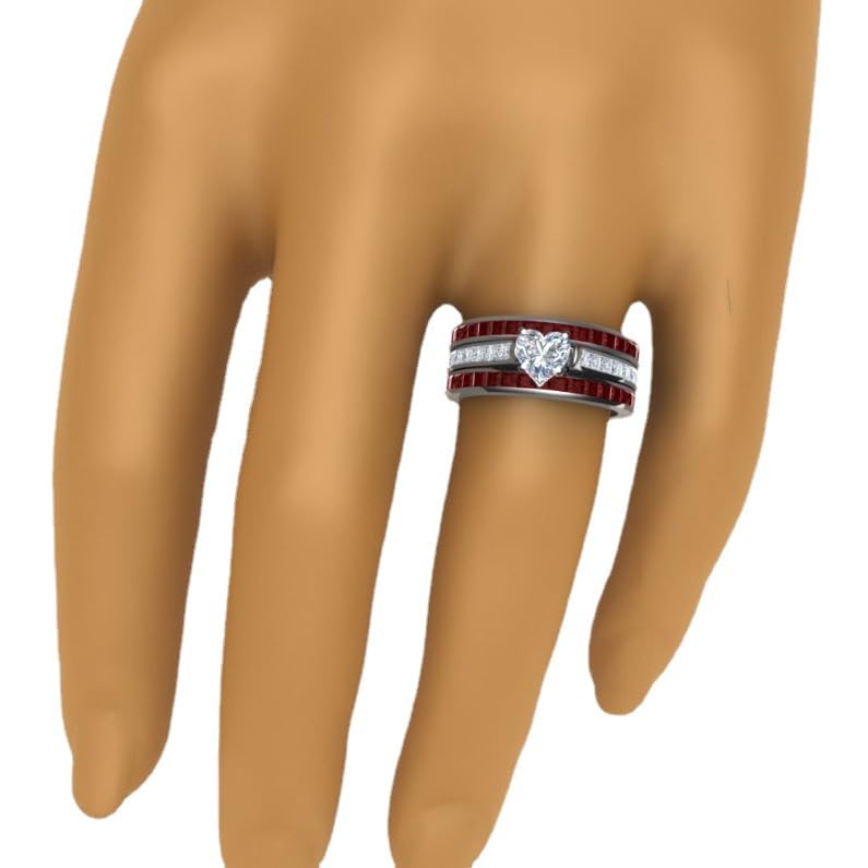 Three-in-One Heart Halo Wedding Engagement Band Ring Set Ruby Heart-shaped Three-layer Ring Set Cubic Zirconia Promise Eternity Statement CZ Anniversary Simulated Gemstone Rings for Women Size 74