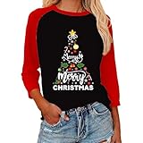 Merry Christmas Shirts Women's 3/4 Sleeve Xmas Tree Vintage Graphic Tee Tops Holidays O-Neck Baseball T Shirt Blouse XXL Black