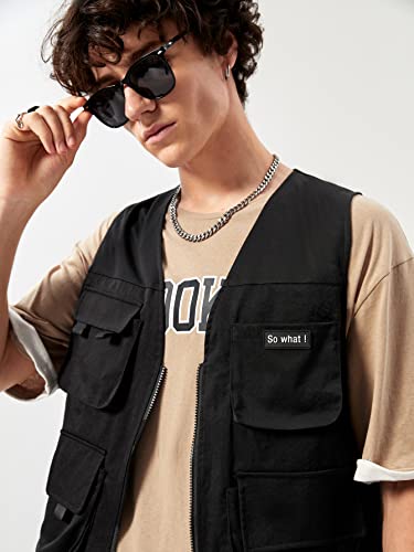 Verdusa Men's Sleeveless Letter Patched Buckle Zipper Flap Pocket Steampunk Cargo Vest Jacket4