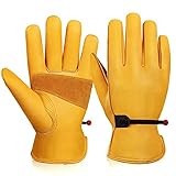 OZERO Leather Work Gloves for Wood Cutting, Men & Women, with Adjustable Wrist, Gold, X-Large (1 Pairs)