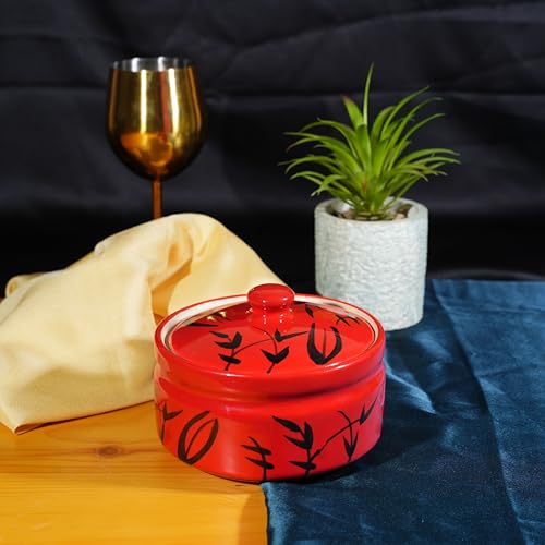 Image of Caffeine Ceramic Handmade Red Bamboo Serving Donga Casserole with Lid 500ml Small Stoneware