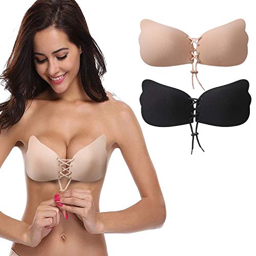 Aomh Invisible Adhesive Bra 2 Pack Sticky Bra Reusable Push up Invisible Women Bra Drawstring Silicone Bras