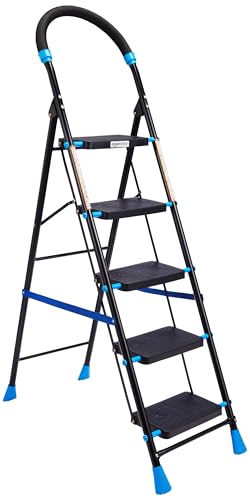 Image of Amazon Basics Curvo-Foldable Step Ladder, Ribbed Steps, Knee Guard, Non-Marring PVC Shoes, 5 Steps (Black & Blue)