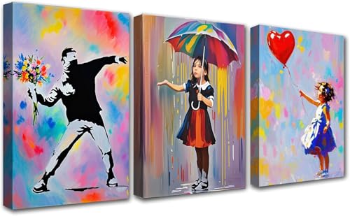 PIGPIGFLY Trittico Banksy in Tela con Cornice Legno: 3 Quadri Moderni per Soggiorno e Camera da Letto - Flower Thrower, Girl with Balloon, Nola (30x40cm)