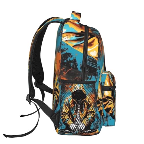 Graffiti Dj Hooded Man Backpack Lightweight Daypack Laptop Bag Pockets Stylish Shoulders Backpack3