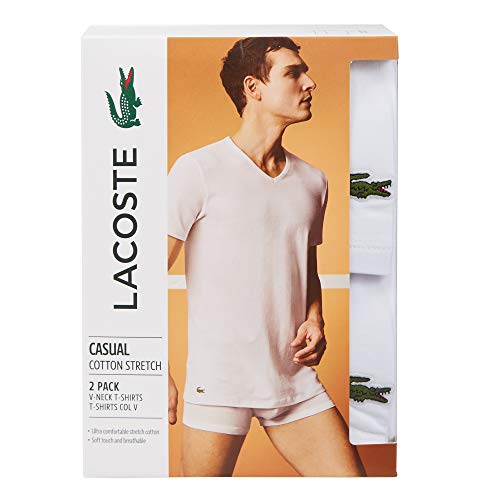 Lacoste Mens Casual Classic Cotton Stretch 2 Pack V-Neck T-Shirts Base Layer, White, Large Us #TOP1