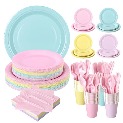 350 Pcs Pastel Disposable Plates and Napkins Tableware Set for 50 Guests