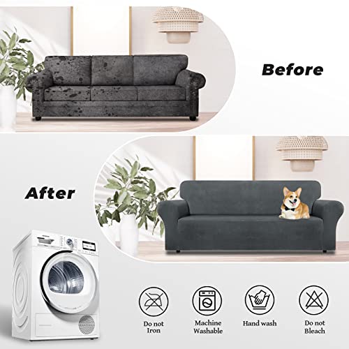 Weerrw YHRYT-L-10-DG Velvet Couch Cover For 3 Cushion Couch Covers - Stretch Sofa Slipcovers thumb #4