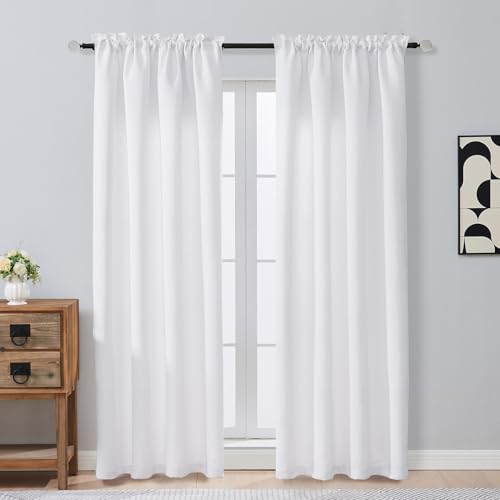 Image of Pure White Curtains for Bedroom 84 Inches Long 2 Pieces, Solid Thermal Insulated Light Filtering Living Room Window Treatments Curtains, Dual Rod Pocket Living Room Drapes, 2x50Wx84L Inches