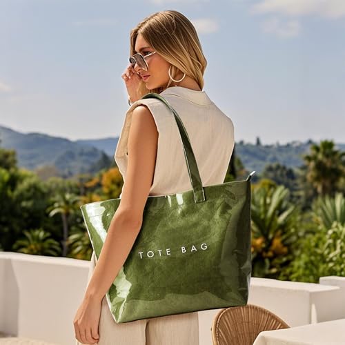 Image of KALIDI PVC Zipper Tote Bag, Jelly Kraft Paper Beach Bag Large Hobo Carry All Travel Shopping Handbag Plastic Shoulder Bag