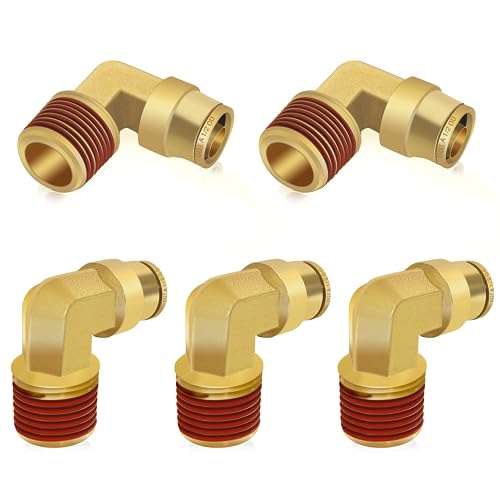 Siptenk 1/2" Elbow DOT Brass Push to Connect Air Line Fittings 5 PCS, 1/2" OD Tube x 1/2" NPT Thread Air Brake Line Quick Connect Fittings for Truck Trailers Industry Air System