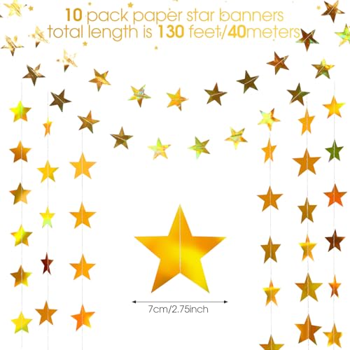 Image of Patelai Glitter Star Garland Banner 2026 Graduation Decor 130 Feet Star Hanging Banner Twinkle Backdrop for Party Birthday Classroom Wedding Supplies(Iridescent Gold)