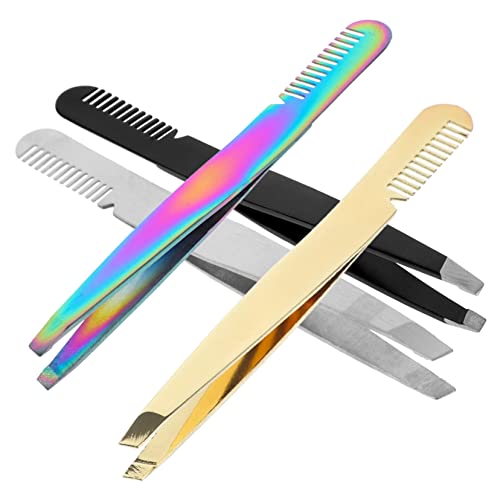 FOYTOKI 4Pcs Eyebrow Tweezers with Comb Professional Hair Removal Tweezers for Precision Grooming Beauty Tools for Women and Men